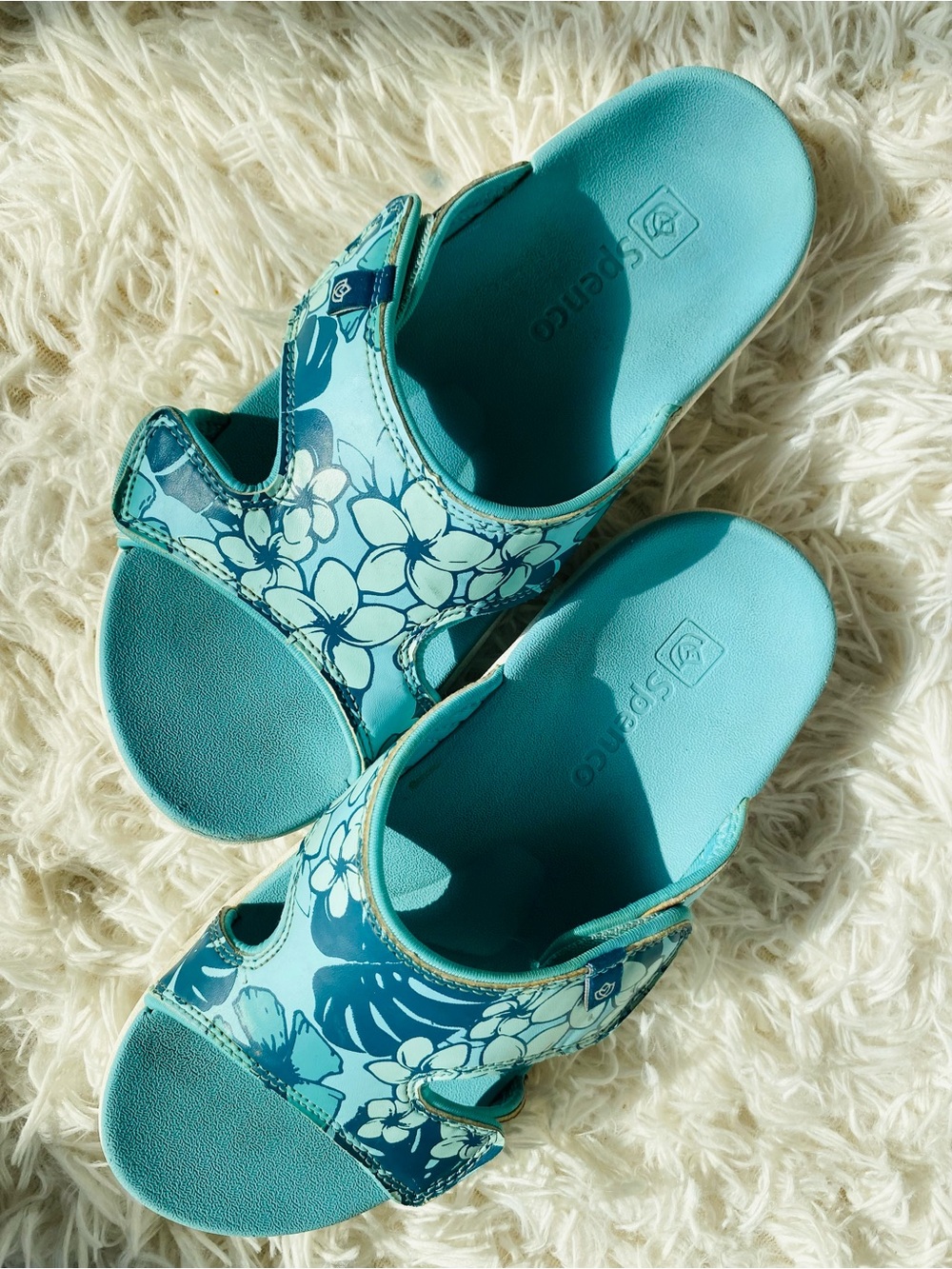 Spenco Adjustable Comfort Sandals Blue Tropical Floral Hook & Loop Woman’s 8